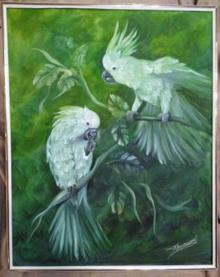 Vintage Landscape Green Trees Oil Painting Artist Signed Cockatoo Tropical Birds