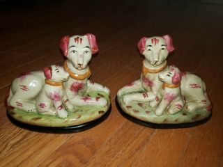 Pair Yfsl Staffordshire Style Pink Dog & Puppy Figurines 6 " X 7 - 3/4 "