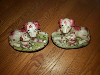 pair YFSL STAFFORDSHIRE style pink DOG & PUPPY figurines 6 