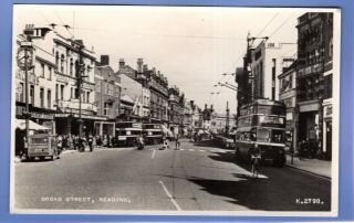 Old Vintage 1954 Rp Postcard Broad Street Reading Berkshire Trolleybus Shops