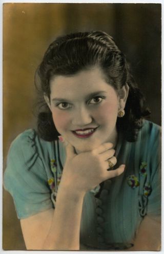 Pretty Woman Great Hand Tinting Blue Dress Fashion Vintage Photo Postcard
