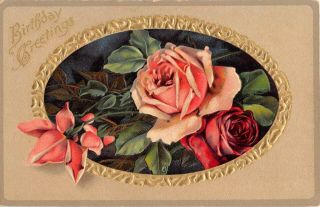 Pink & Red Roses On Old Birthday Postcard - Series No.  967