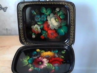 2 Vintage Russian Tole Trays Hand Painted Flowers 12 " X 9 " Bought1976