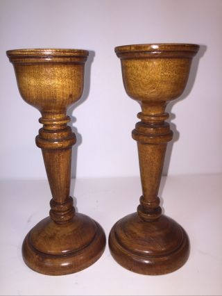 Vintage Wooden Candlestick Holder Pair