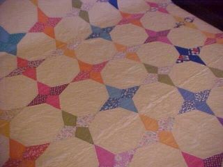 Vintage Hand Pieced Quilt,  4 Point Stars Multicolor,