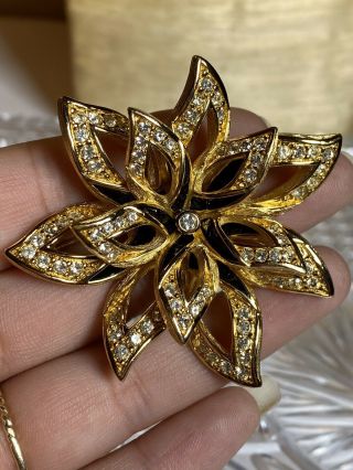Vtg Christian Dior Signed Flower Pin Brooch French 18k Gold Gp Enamel Runway