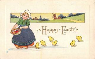 Dutch Girl With Basket Of Colored Eggs By Chicks & Windmill Scene - Old Easter Pc