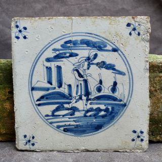 Antique Delftware Tile With A Shepherd And Animals Decor,  18th.  Century