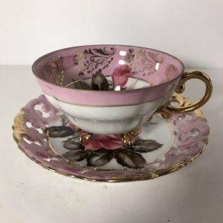 Vintage Royal Sealy Footed Teacup & Reticulated Saucer Pink & Gold Rose Pattern