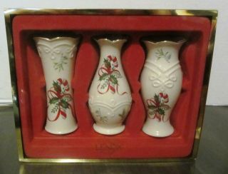 Set Of 3 Lenox Holiday Christmas Bud Vases Candy Canes & Holly Design