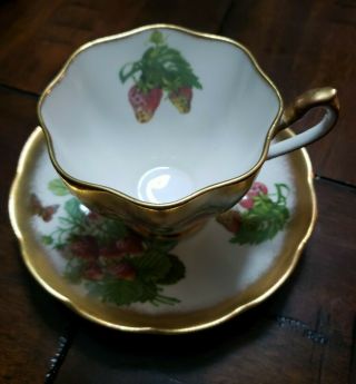 Golden Queen Ann Teacup Saucer Fine Bone China England - Strawberries