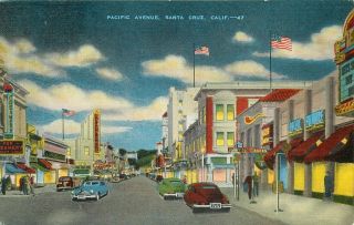 Santa Cruz California Pacific Avenue Vintage Linen Postcard View