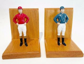 Vintage Horse Racing Jockey Painted Cast Iron Wood Bookends