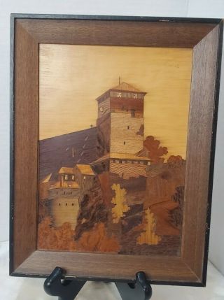 Vintage Wood Inlay Marquetry Picture Of Castle