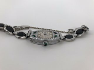 Bulova 1920 ' s Ladies Art Deco Emerald Watch Miss America Vtg Speidel Band 3