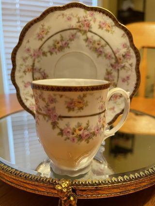 Antique M&z Austria Bone China Tea Cup And Saucer Set Pink Roses