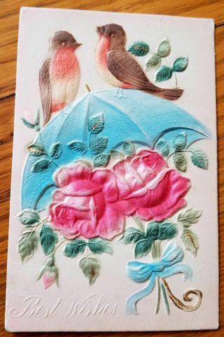 Robins Perched On Umbrella Over Pink Silk Roses - Old Airbrushed Best Wishes Pc