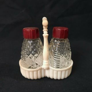 Vintage Salt Pepper Shakers Clear Glass With Red Lids Fiesta - Go Alongs?
