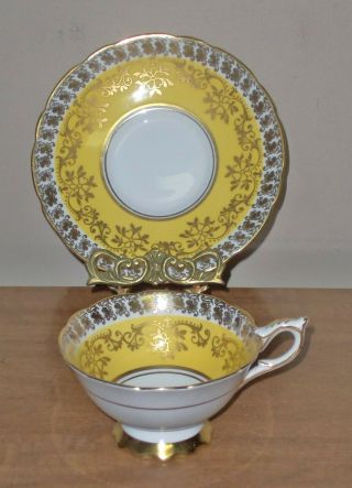 Vtg Royal Stafford Bone China Teacup Saucer Yellow Gold Lace Wide Mouth England