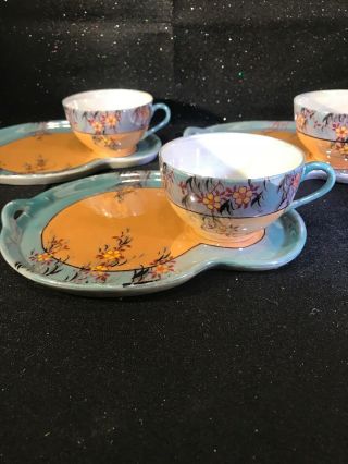 3 Hand Painted Luster Snack Plates With Cups