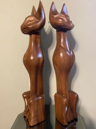 Vintage Wood Siamese Cat Sculpture Mid Century Modern Hand Carved Mcm 20” Pair