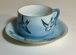 Antique 1915 Weimar Germany Handpainted Blue Bird Tea Cup And Saucer Set