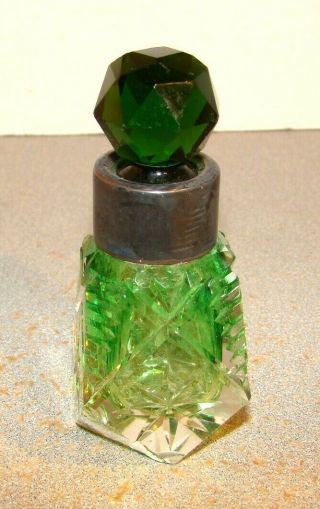 Antique Green Cut To Clear Glass Perfume Scent Bottle