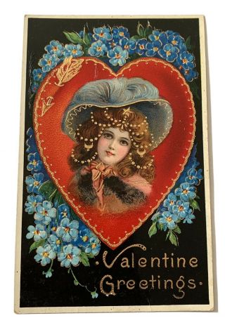 Vintage Valentine Postcard - Girl - Blue Forget Me Nots - Gel Finish