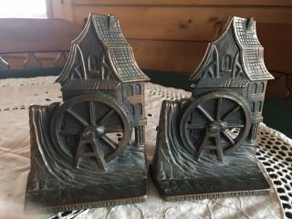 Water Wheel Grist Mill Antique Verona Cast Iron Bookends Coppery Bronze Finish