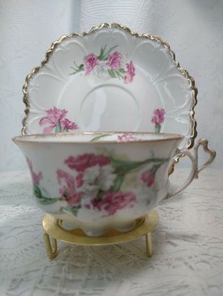 Vintage M Z Austria Tea Cup & Saucer Pink Flowers,  Heart Handle & Golden Edges