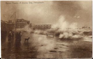Lovely Scarce Old Postcard - A Stormy Day - Marine Parade - Aberystwyth 1913