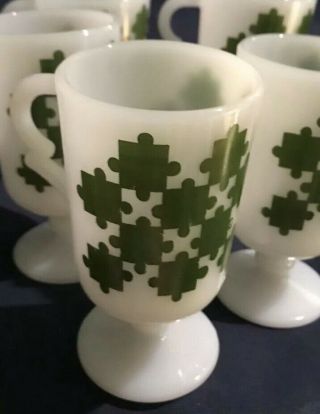 Retro 4 White Milk Glass Green Irish Coffee Mugs Unique $3/glass Mid Century