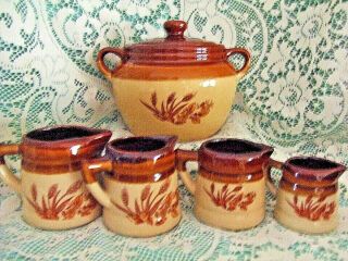 Vintage Brown & Tan Pottery Crock/cookie Jar W/ 4 Measuring Cups,  Wheat Pattern