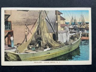 Fishing Boats,  Trawlers,  Ocean Beach Ny Vintage Hand Colored Postcard