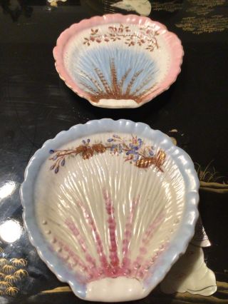 Antique 19th C.  Old Paris Porcelain Sea Shell 2 Plates Gold,  Blue & Pink Luster