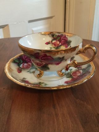 Vintage Royal Sealy China Footed Teacup And Saucer Red/yellow Floral Gold Trim