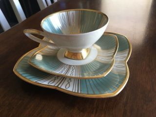 Vintage Alka Bavaria Light Teal & Gold China Tea Cup,  Saucer & Dessert Plate Set