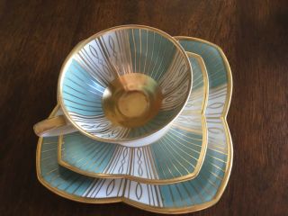 Vintage Alka Bavaria Light Teal & Gold China Tea Cup,  Saucer & Dessert Plate Set 2