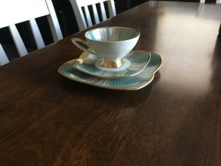 Vintage Alka Bavaria Light Teal & Gold China Tea Cup,  Saucer & Dessert Plate Set 3