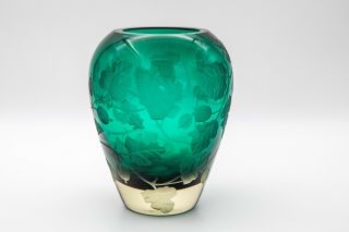 Vintage Bohemian Czech Emerald Green Carved Art Glass Vase Signed Stunning