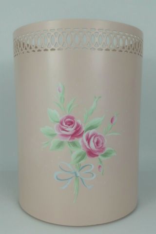 Simply Shabby Chic Pink Rose Metal Tole Powder Room Waste Basket Trash Can