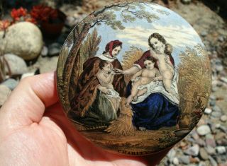 Antique,  Rated Scarce,  Prattware Pot Lid Titled " Charity ".  Great Coloring