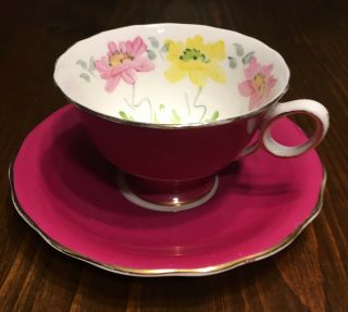 Radfords Fenton Tea Cup And Saucer Pink & Yellow Roses Hand Painted Vintage