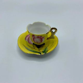 Japan Mini Tea Cup And Saucer Yellow Pink Gold Accent Different Shapes