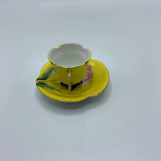 Japan Mini Tea Cup And Saucer Yellow Pink Gold Accent Different Shapes 2