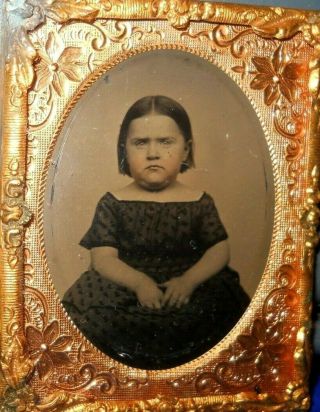 1/9th Size Tintype Image Of Young Girl In Brass Frame/mat