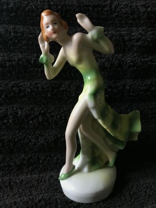 Antique German Porcelain Lady/woman Dancer Art Deco Figurine - Green Dress 8459