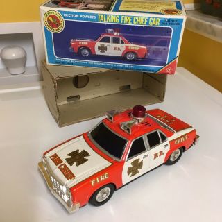 Yonezawa B/o,  Vintage,  Tin Talking Fire Chief Car W/original Box