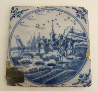 Antique Dutch Delft Blue Tile,  Noble Couple,  Landscape,  Town,  Ship 18th C