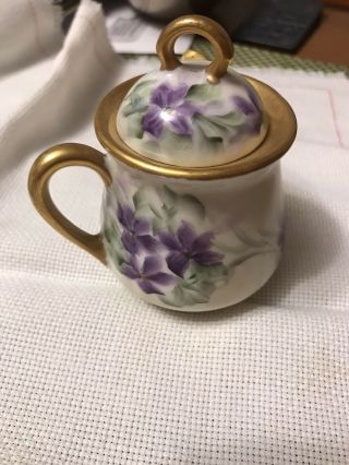 Vintage Wild Violets Hand Painted Porcelain Jam / Jelly Jar W/ Spoon,  Ec